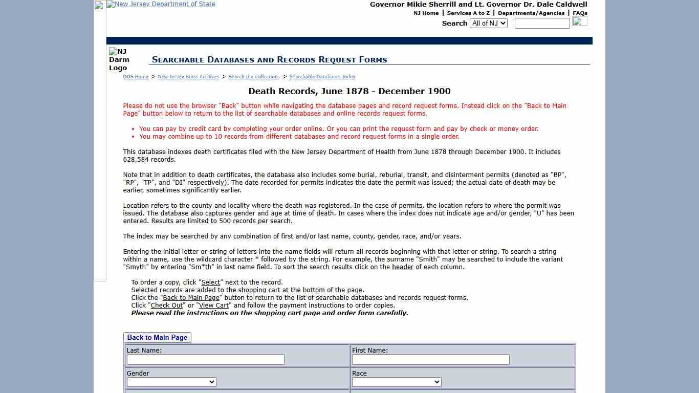 New Jersey State Archives - Death Records, June 1878 - December 1900 - Index to Death Records Recorded by the New Jersey Department of Health, June 1878- December 1900, 19th century Vital Records and Genealogy